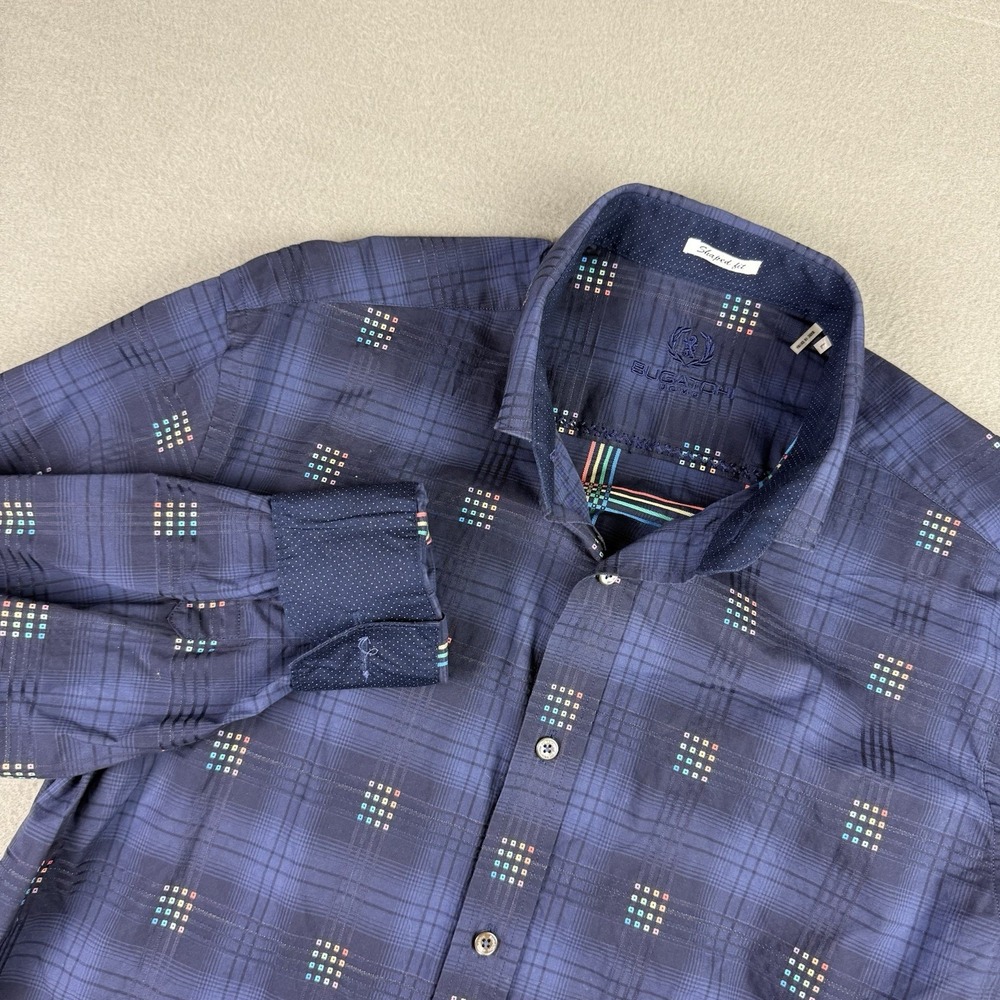 Bugatchi Uomo Shaped Fit Men's Size L Plaid‎ Cotton Flip Cuffs Casual Shirt